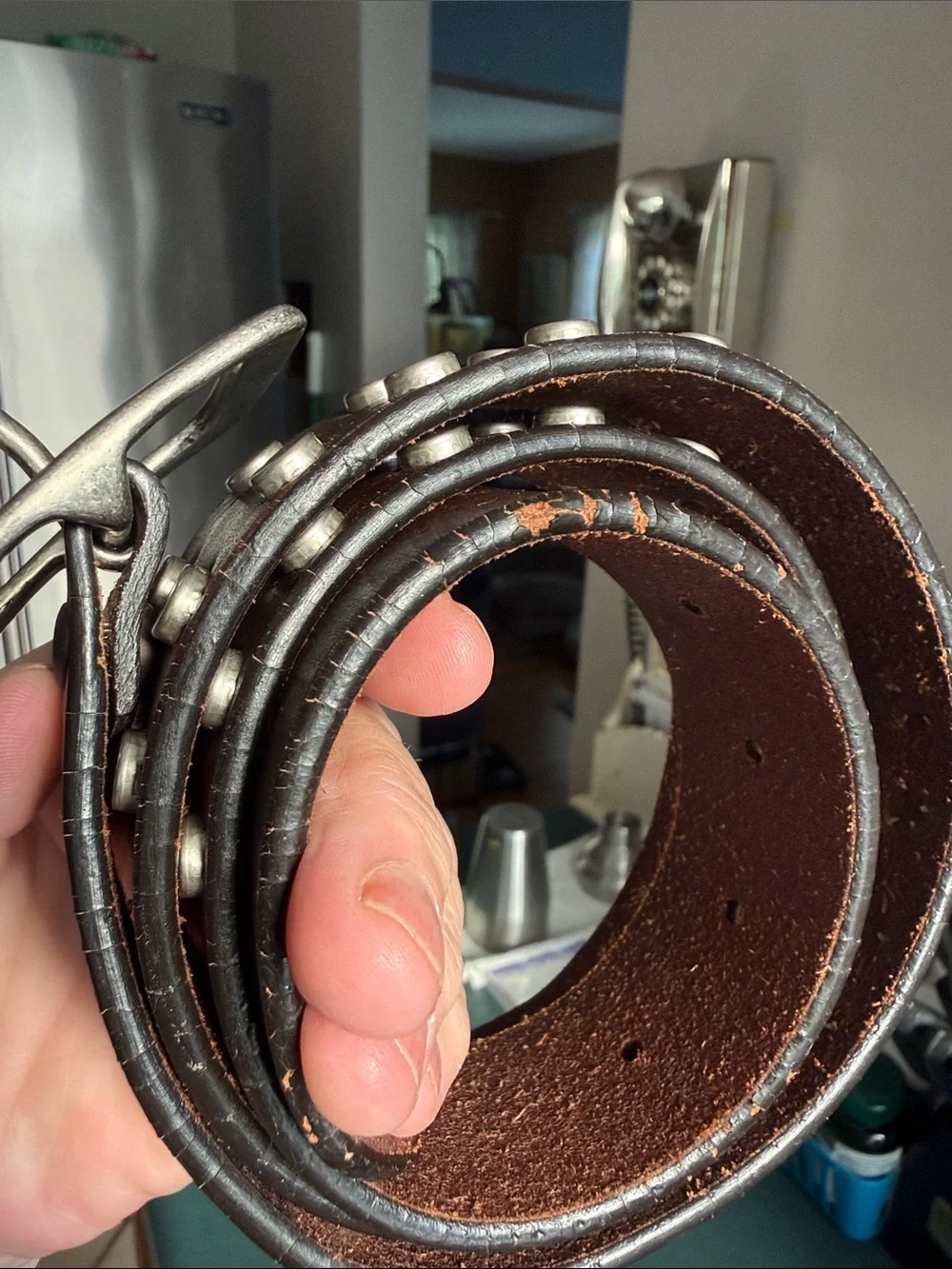 Brown Studded Leather Belt with Brass Buckle